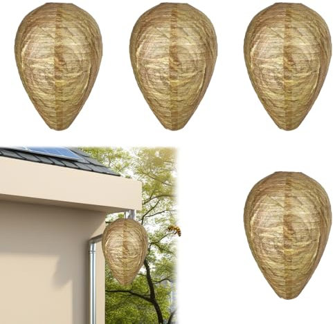 Lot de 4 leurres réalistes en forme de guêpes - 22 x 28 cm - Respectueux de l'environnement - Répulsif à suspendre pour lutter contre les nuisibles en extérieur (terrasse, jardin, protection de