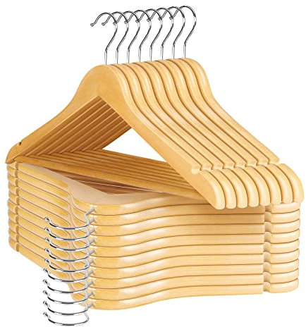 Homewit Kleiderbügel Holz 16 Stück Holzbügel Holzkleiderbügel Natur mit Rockkerben und Hosensteg, um 360° drehbarer Haken, rutschfest Holzkleiderbügel für Hemd Anzug, 44,5L X 23 B cm