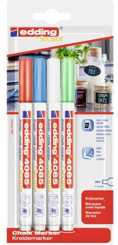 edding 4085 Kreidemarker - rot, weiß, blau, grün (basic) - 4 Kreidestifte - Rundspitze 1-2mm - Kreidestift für Tafel abwischbar - für Fenster, Glas, Spiegel - Tafelstifte mit deckenden Farben
