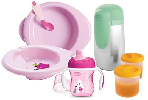 Chicco Baby Geschirr Set, Baby Geschirrset für Essen und Babynahrung, bestehend aus Tasse Training Cup, Erster Löffel, Teller, Babynahrung Teller und thermischer Speisenhalter, 6 M +, Rosa