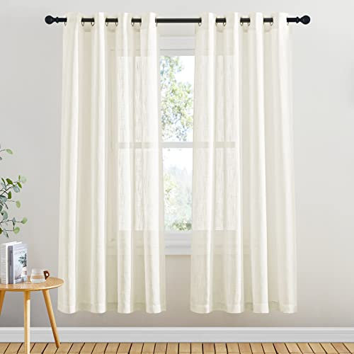 PONY DANCE Halbtransparente Gardinen Wohnzimmer Modern Kurz H 158 x B 132 cm Ösenvorhang Leinenoptik 2er Set Lichtdurchlässige Vorhänge für Schlafzimmer Deko, Hellbeige