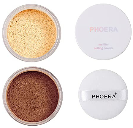 2 Pcs PHOERA Setting Powder, Control Oil Brighten Skin Color Cover Blemish Face Setting Loose Powder。 (03# BANANA & 04# Medium Deep)