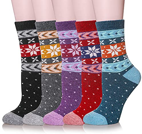 Velice Wool Socks for Women Merino Wool Boot Hiking Thick Thermal Warm Winter Crew Cushion Cozy Work Socks 5 Pairs(Snowflake-01)