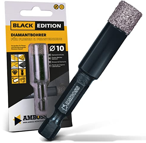 Fliesenbohrer Ø 10 mm/Sechskant Aufnahme - Amboss Black Edition Diamantbohrer - Fliesen/Feinsteinzeug/Keramik/Granitplatten - passend für Bohrmaschine/Akkubohrer