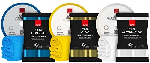 Polierpad Set: Rupes Bigfoot Polierschwamm für 150mm Stützteller - D-A Coarse + Fine + Ultrafine Ø150-180mm blau/gelb/weiß (3 STK.) + ChemicalWorkz Premium Poliertuch 500GSM | 6-teilig