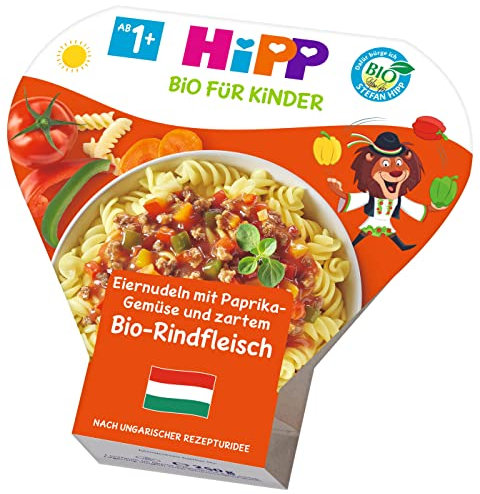 HiPP Bio für Kinder Kinderteller – Schalenmenüs - Eiernudeln mit Paprika-Gemüse und zartem Bio-Rindfleisch, 6er Pack