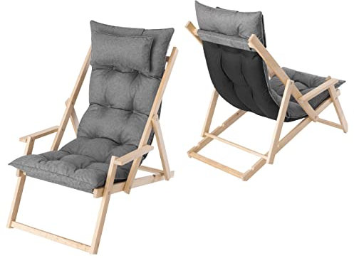 HOBBYGARDEN Verstellbare Gartenliege aus Holz mit Polster & Kopfstütze – Klappbarer Liegestuhl 53x101x94 cm | Bequeme Sonnenliege für Balkonmöbel & Terrasse | Farbe: Graphit