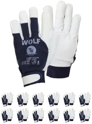 TK Gloves WOLF - Guantes de cuero para montaje, talla 10, 12 pares, guantes de trabajo, sin forro, piel de cabra y punto de algodón