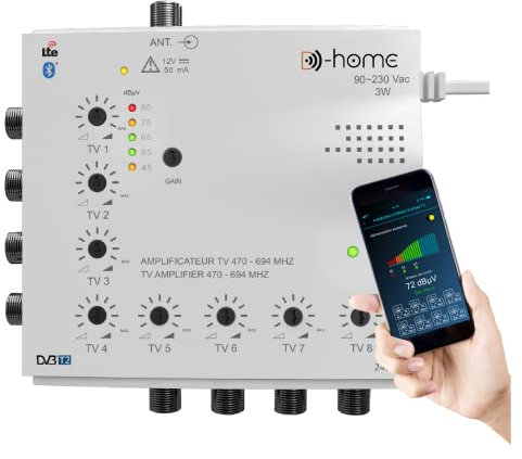 D-Home - Amplificateur TV TNT Intérieur 8 Sorties 22dB Connecté Filtré 4G-5G - Fonctionne avec l'Application Mobile TV Finder pour Trouver le Meilleur Signal Disponible. Convient à Toute Antenne