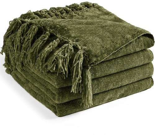 LONG CREATE Couverture en Chenille pour canapé, jeté Doux et Confortable avec Franges pour lit, Sofa, Couverture décorative en Tricot léger, Style Rustique bohème, Vert Olive,127 x 152 cm
