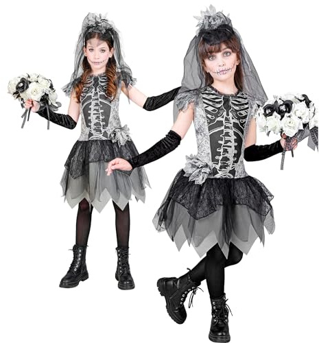 W WIDMANN MILANO Party Fashion - Costume da sposa scheletro per bambini, abito, guanti, velo da sposa, sposa fantasma, donna falce, per Halloween