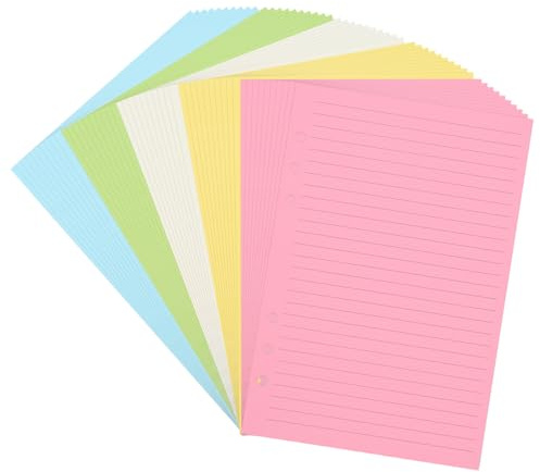 Recharge de papier ligné A5, pages lignées colorées pour classeur à 6 anneaux, journal intime, planificateur, insert de recharge perforé à 6 trous, 50 feuilles/100 pages, ligné (21 x 14,2 cm) (1)
