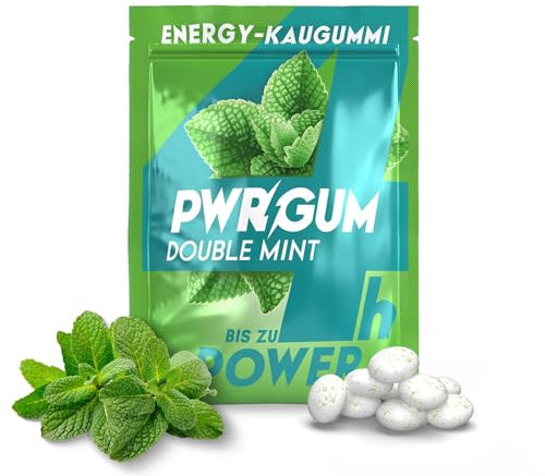 PWRGRUM Energy-Kaugummi Double-Mint-Geschmack 4er Pack I Bis zu 4-Stunden Energie Boost I Zuckerfrei & Zahnpflegend I Ideale Alternative zu Energy-Drinks I Gönn dir natürliche Power mit jedem Kauen!