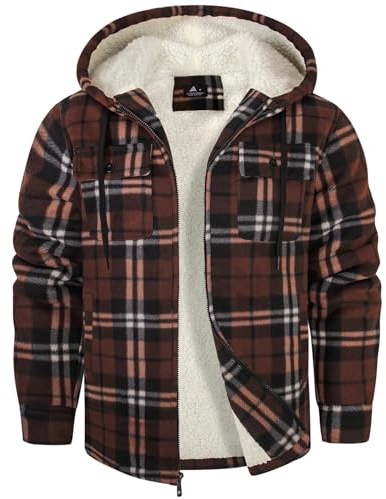 SwissWell Camicia Boscaiolo Uomo Giacca Flanella a Quadri Spessi Fodera di Peluche Felpa Cappuccio Foderata Casual Uomo Felpa con Cappuccio in pile Giacca Invernale con Tasca(Marrone Scuro-L)