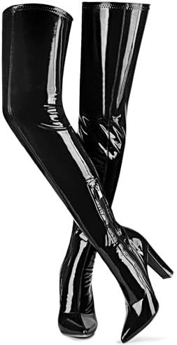 Wsheliu Women's Thigh High Boots Black Boots Trendy Pointed Toe Patent Leather Chunky Heel Over The Knee Boots Womens Fall Boots Dressy Black Knee High Boots for Women Size 9
