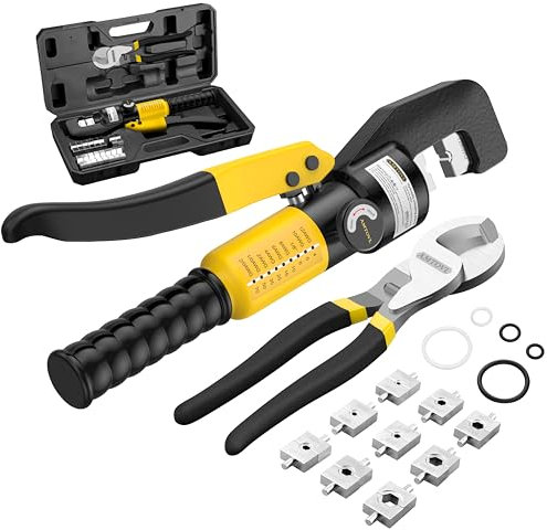 AMTOVL Pince à Sertir Hydraulique 8T avec 9pcs Modèle Hydraulique 4-70 mm² Outil de Sertissage avec Coupe-câbles à Large Tête 10 Pouces pour Sertir et Couper les Cosses de Câbles