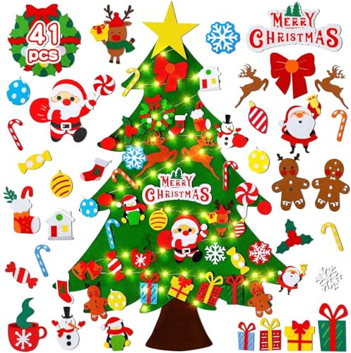 AQXONG Decorazione per Albero di Natale in Feltro Fai da te per Bambini, Albero di Natale in Feltro con 41 Addobbi Rimovibili e 30 luci LED, Regali di Natale per Bambini