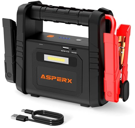 ASPERX 6000A Starthilfe Powerbank,Tragbare Auto Starthilfe für 12V Fahrzeuge (bis zu Alle Benzin oder 12L Diesel) - Batterie Booster mit LED Taschenlampe und Starthilfekabel