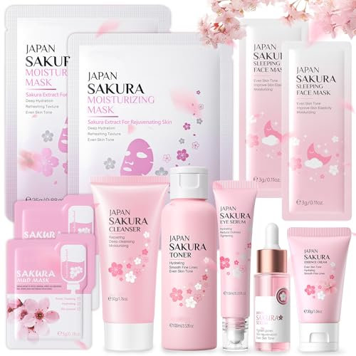 Kit per la Cura della Pelle Sakura 11 Pezzi, include Detergente, Tonico, Crema Viso, Siero e Crema per Gli Occhi, Set Skincare Viso Completo per Ragazze e Donne