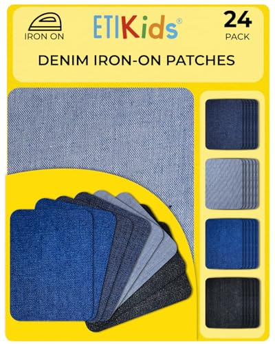 Toppe Termoadesive in Tessuto Denim per Jeans. 24 Pezzi, Forte Adesione, Applicazione con Ferro da Stiro, Ideali per Riparazioni Resistenti