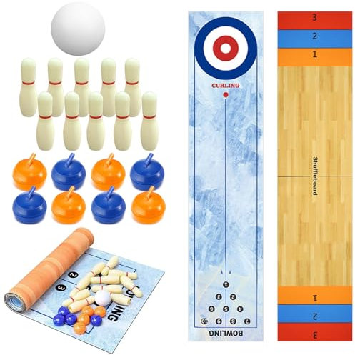 3-in-1 Tischspiel Set, Shuffleboard, Bowling und Curling, Tragbares Familienspiel für Zuhause und Büro (Große)