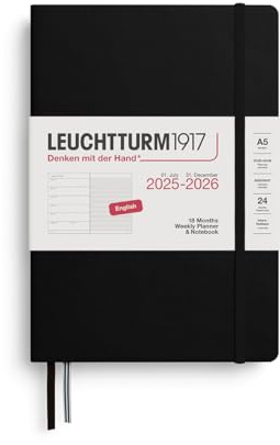 LEUCHTTURM1917 372796 Wochenkalender & Notizbuch Medium (A5) 2026, 18 Monate 07.2025-12.2026, Hardcover, Schwarz, Englisch