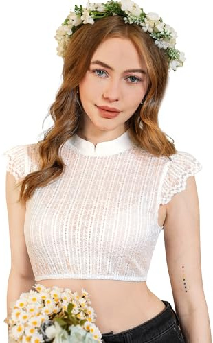 DIRNDLSTERN Camicetta Dirndl Donna Bianca - Camicetta Dirndl in Pizzo Dirndlblusen Collo Alto Maniche a Pipistrello Camicie Tradizionali Righe Verticali Elegante 34