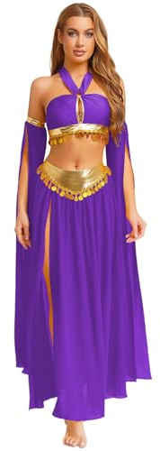 winying Costume da danza del ventre, da donna, con allacciatura al collo, top e maxi gonna, gonna da ballo, set di vestiti da ballo, viola, L