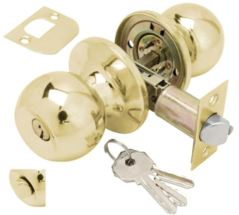 PRENDELUZ Pomo Puerta - pomo con Llave de condena, Acabado latonado, Ideal para entradas, fácil instalación y Funcionamiento Seguro, Duradero y Resistente.