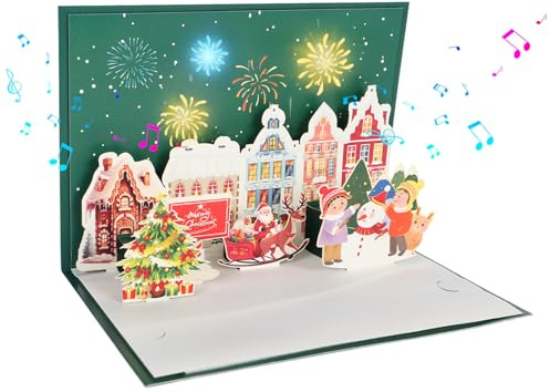 Pop Up julkort med musik och ljus, 3D-julkort med julgran och jultomte, presentkort med kuvert och anteckning, julklappar för kvinnor män barn