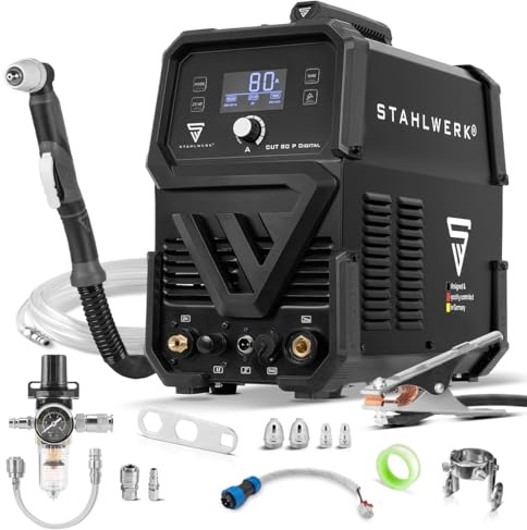 STAHLWERK Découpeur plasma CUT 80 P Digital – Découpeur plasma 80 A, capacité de coupe jusqu’à 25 mm, onduleur plasma avec amorçage pilote HF, interface THC pour contrôle de hauteur CNC