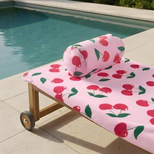 OHS Cherry Sun Lounger Towel with Pockets Soft Quick-Dry Absorbent Large Beach Towel in a Bag & Inflatable Bolster Pillow Sun Lounger Travel Cushion Microfibre Summer Holiday Essentials Bundle