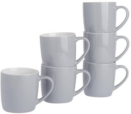 Argon Tableware Coloured Coffee Mugs - Grey - 350ml - Pack of 6 - Gloss Ceramic Stoneware Latte Cappuccino Cups Hot Chocolate Cups Colourful Mug Set with Handle