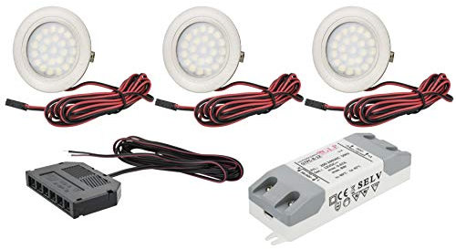 JungesLicht 3er Set LED Möbelleuchte Tim 2Watt 12V DC, inkl. LED Trafo, Anschlusskabel und Amp-Verteiler, 6000Kelvin tageslichtweiß 200Lumen, passend für Bohrlöcher von 54-58mm, Außen 65mm, 12mm Tiefe