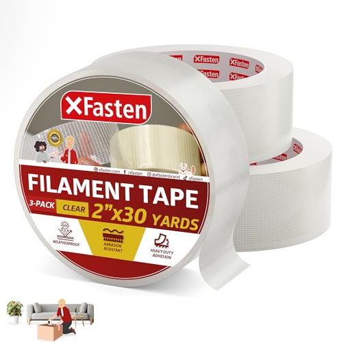 X Fasten Filament-Klebeband, transparent, 2 Inch x 30 Yards (50,8 mm x 27,43 m) (3er-Pack), extrem glasfaserverstärktes Kreuzverpackungsband