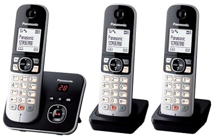 Panasonic KX-TG6863GB Schnurlostelefon mit 3 Mobilteilen und Anrufbeantworter (Bis zu 1.000 Rufnummern sperren, übersichtliche Schriftgröße, lauter Hörer, Voll-Duplex Freisprechen) schwarz-silber