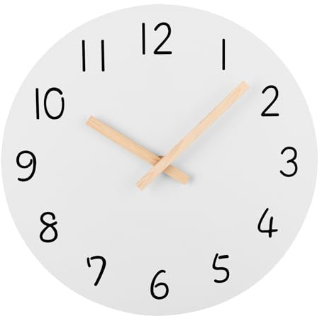 Plumeet 10'' Wooden Wall Clock, Small Frameless Wall Clocks with Silent Quartz Movement, Modern Style White Clocks Decorative Home Kitchen, Battery Operated (10 inch, White)