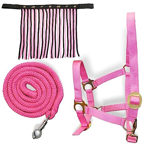 Halfter für Pferde mit Führstrick & Fliegenfransen Pferd, Halfter mit Strick - Halfter Pony Shetty Halfter Cob Full Kb (Warmblut (Full), Schwarz-Pink + Pink)