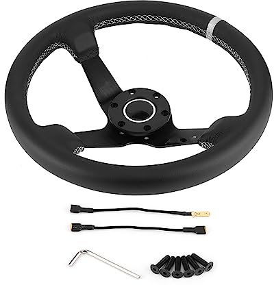 Ruspela Rennsteuerungsrad 350Mm/ 14In Racing Lenkrad für Sparco- Stil 6- Bolzen Deep Teller Schwarzes Lederlenkrad mit Horn- Verbindungskabel