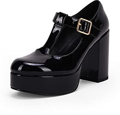 Coutgo Women's Round Toe Patent Chunky High Heel Platform Mary Janes Pumps Shoes, Black, 6 UK
