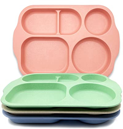 KITLAB Unbreakable Divided Plates, 4 Pack Wheat Straw Tray, Large Fast Food Tray for Toddlers Adults Kids Children, Lightweight Plates, Dishwasher and Microwave Safe