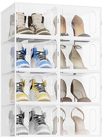 JOISCOPE Schuhaufbewahrungsboxen, 8 Stück klare & stapelbare Kunststoff-Schuhboxen mit magnetischer Tür, Trainer-Aufbewahrung mit Deckel für Damen/Herren, transparent weiß