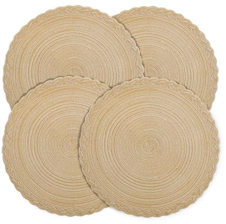 fanquare Round Placemats Set of 4, 38 cm Khaki Cotton Woven Heat Resistant Placemats Pot Mat, Non Slip Washable Table Mat for Kitchen Dinner Table