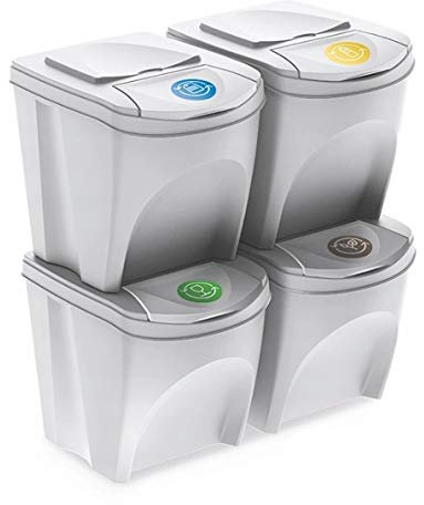 Mülleimer Müllbehälter Abfalleimer 100L Set 4 x 25L Mülltrennsystem Behälter Sorti Box mit Deckel Müllsortierer Abfallsammler Weiß