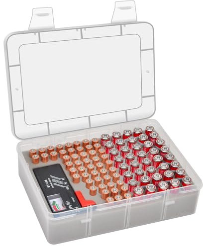Caja organizadora de almacenamiento de batería con comprobador de batería, soporte para garaje, caja de contenedores, contiene más de 90 pilas 40 AA, 50 AAA (pilas no incluidas)