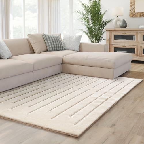 Interiyou Teppich Wohnzimmer Verona - 120x170 cm Creme - Für Schlafzimmer, Esszimmer, Kinderzimmer - Hochflor mit 3D-Effekt - geometrische Muster - Pflegeleicht