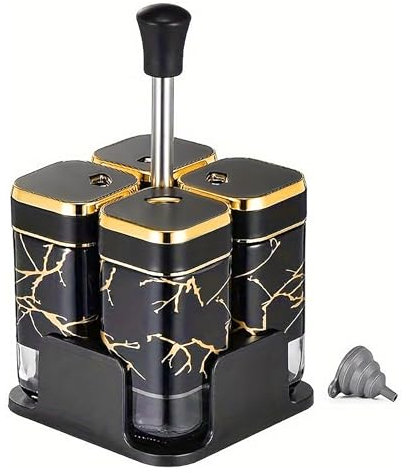SAEIV 4 Piece Square Bocaux à épices - Couvercle à épices rotatif à 360° - Grand entonnoir unique - Avec base Antidérapante Pot a Epices - Boite Rangement Cuisine - Pot Epices Verre