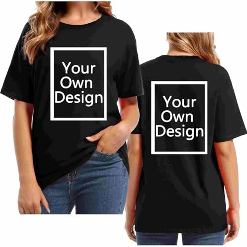 Create Your Own Black T Shirt - Womens Plus Size Custom T Shirt Printing Front and Back - Personalised Summer Oversized Short Sleeve Loose Tops