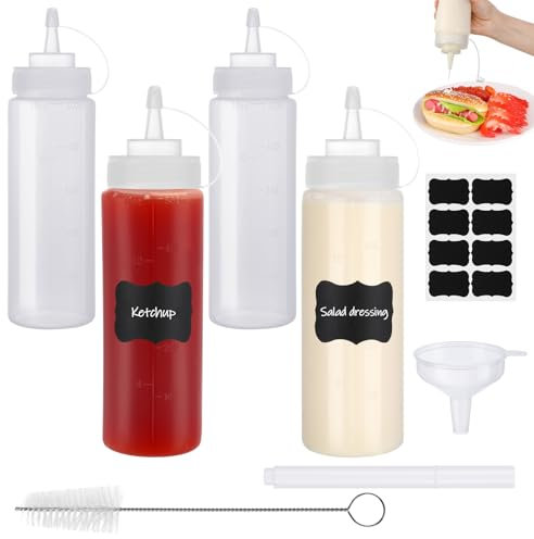 GSrenyu 4 Pack Squeeze Condiment Bottles - 16oz / 500ML Plastic Squeezy Sauce Bottles with Cap Plastic Squeeze Dispensers with Measurements for Ketchup BBQ Olive Oil Salad Dressing