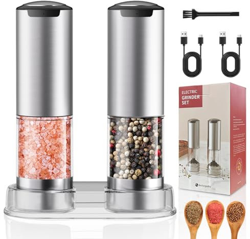 Macina Pepe Elettrico Set da 2, Macina Sale e Pepe Elettrico con Granulometria Regolabile, Macina Sale e Pepe Set con Luce LED e Ricaricabile via USB, Acciaio Inox Macinapepe con Contenitore da 95ml